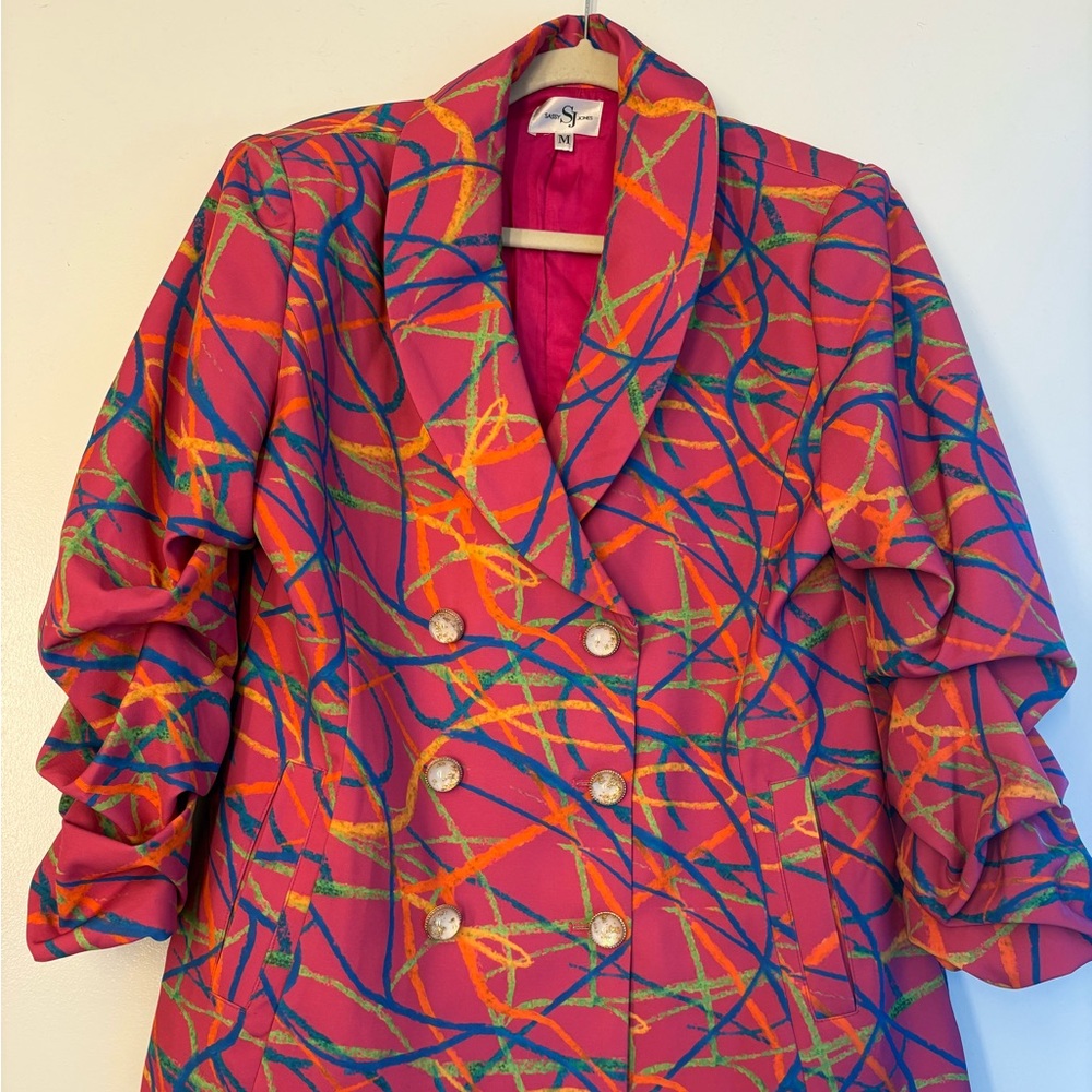 Sassy Jones Pink Multicolor Abstract Double-Breasted Blazer
